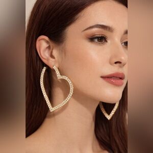 Rhinestone Heart Hoop Earrings Large Gold tone Open Heart Earrings